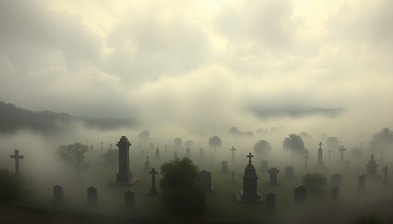 A vast, atmospheric landscape painting depicting the Kapaʻakea Cemetery shrouded in heavy fog or mist, with the outlines of headstones and monuments barely visible, conveying the solemn, sacred nature of the site and the power of the natural elements that have impacted it.