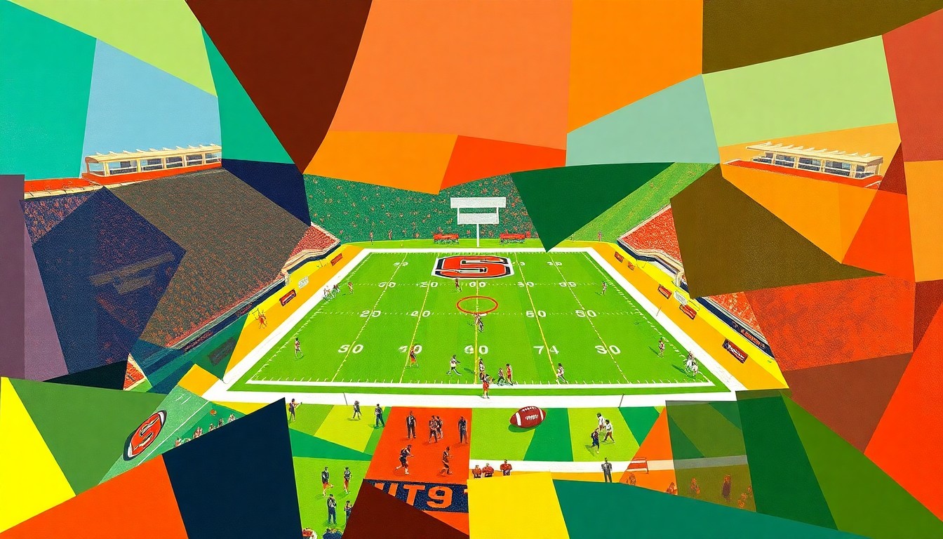 A cubist, geometric painting depicting fragmented, overlapping shapes and planes in the official colors of Oregon State University's football team, representing the transition of leadership in the program.