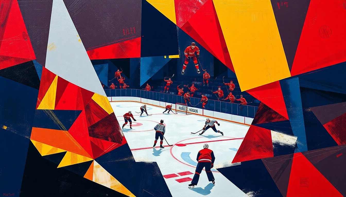 A cubist, geometric painting depicting a hockey game or match, with the players and ice reduced to angular, abstracted forms in a vibrant color palette of navy, crimson, and gold.