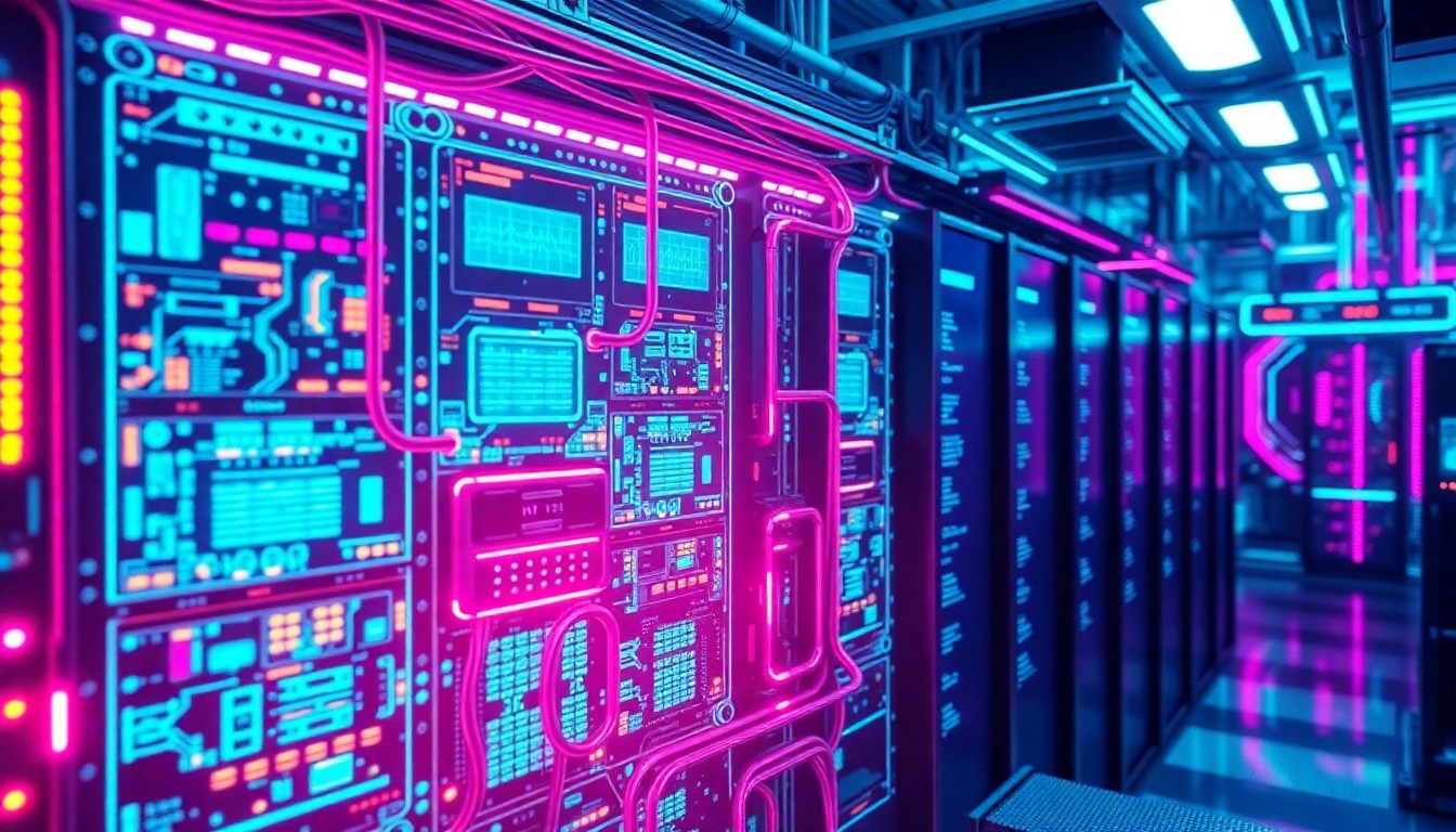 A highly detailed, glowing 3D illustration of a futuristic data processing hub with illuminated circuit boards, neon-lit cables, and pulsing data visualizations in shades of cyan, magenta, and electric blue, conceptually representing Datavault AI's advanced data tokenization technology.