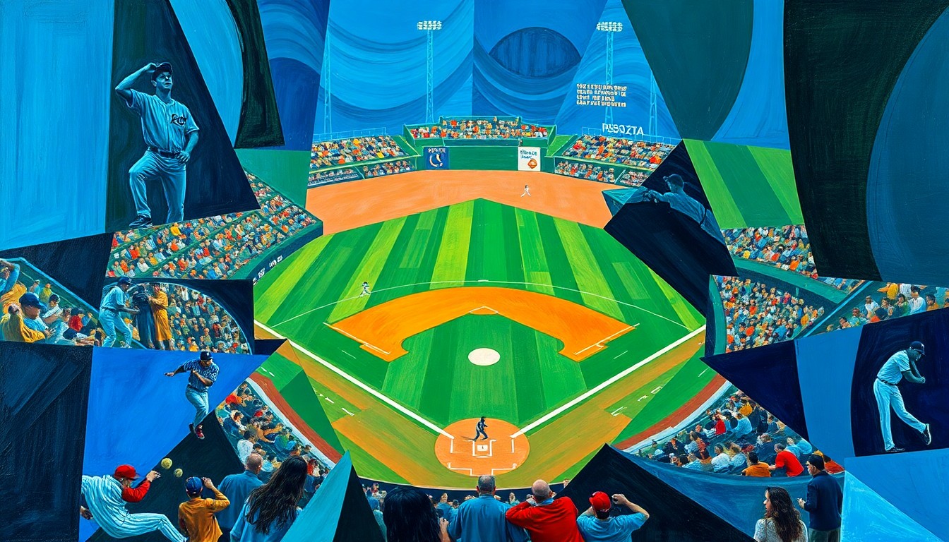 A fragmented, geometric painting in bold blues, greens, and reds depicts the action of a baseball game, with players and the field rendered as abstracted, angular shapes.