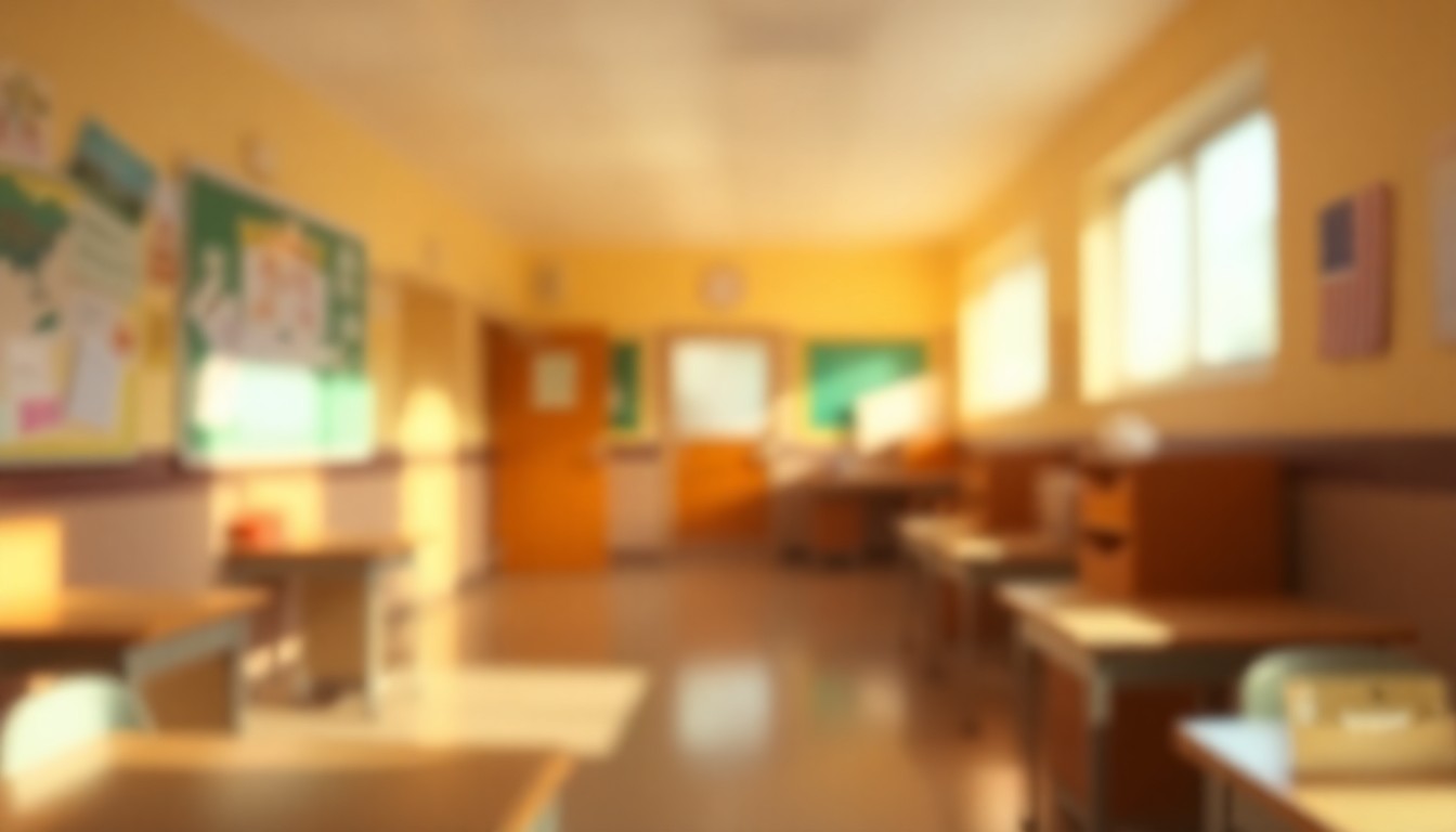 An abstract, impressionistic scene of a school hallway or classroom, with blurred shapes and muted colors creating a sense of warmth and nostalgia.
