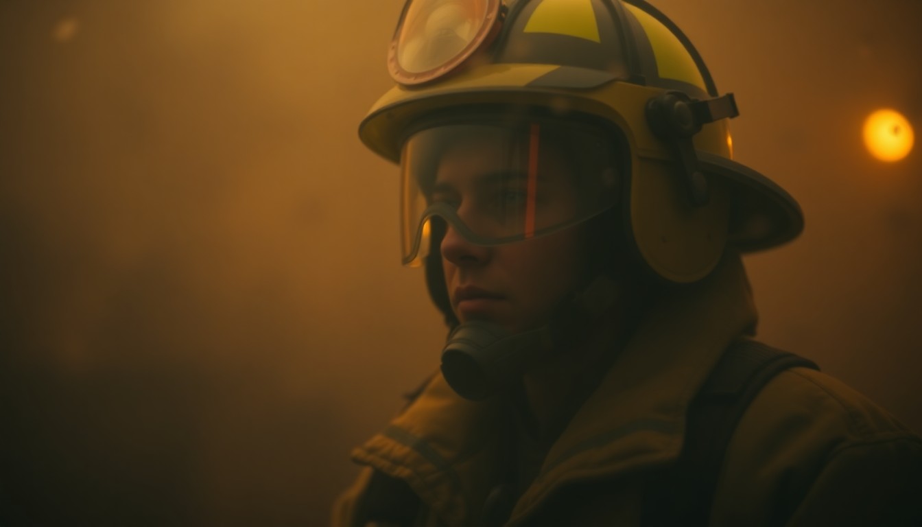 An extremely abstracted, out-of-focus photograph in soft pools of warm color and light, depicting the blurred outline of a firefighter's uniform and helmet, conveying a sense of reverence and nostalgia for a trailblazing career.