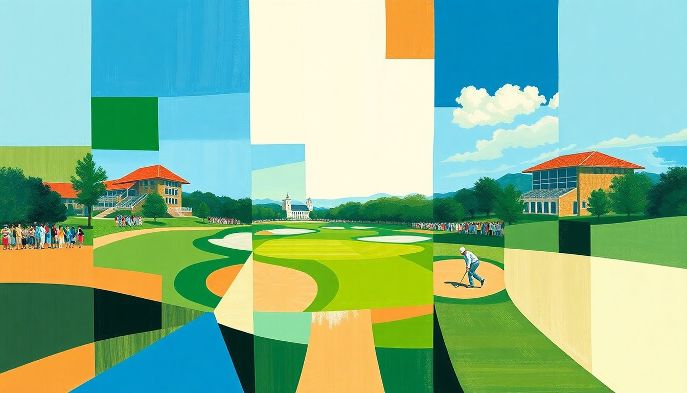 A fragmented, geometric painting in shades of green, tan, and blue, conceptually representing the complex dynamics of a professional golf tournament.