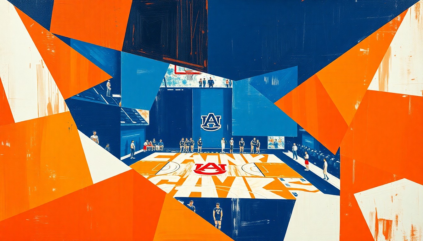 A cubist, geometric painting depicting an Auburn basketball game, with sharp, overlapping planes of orange, blue, and white representing the dynamic action on the court.
