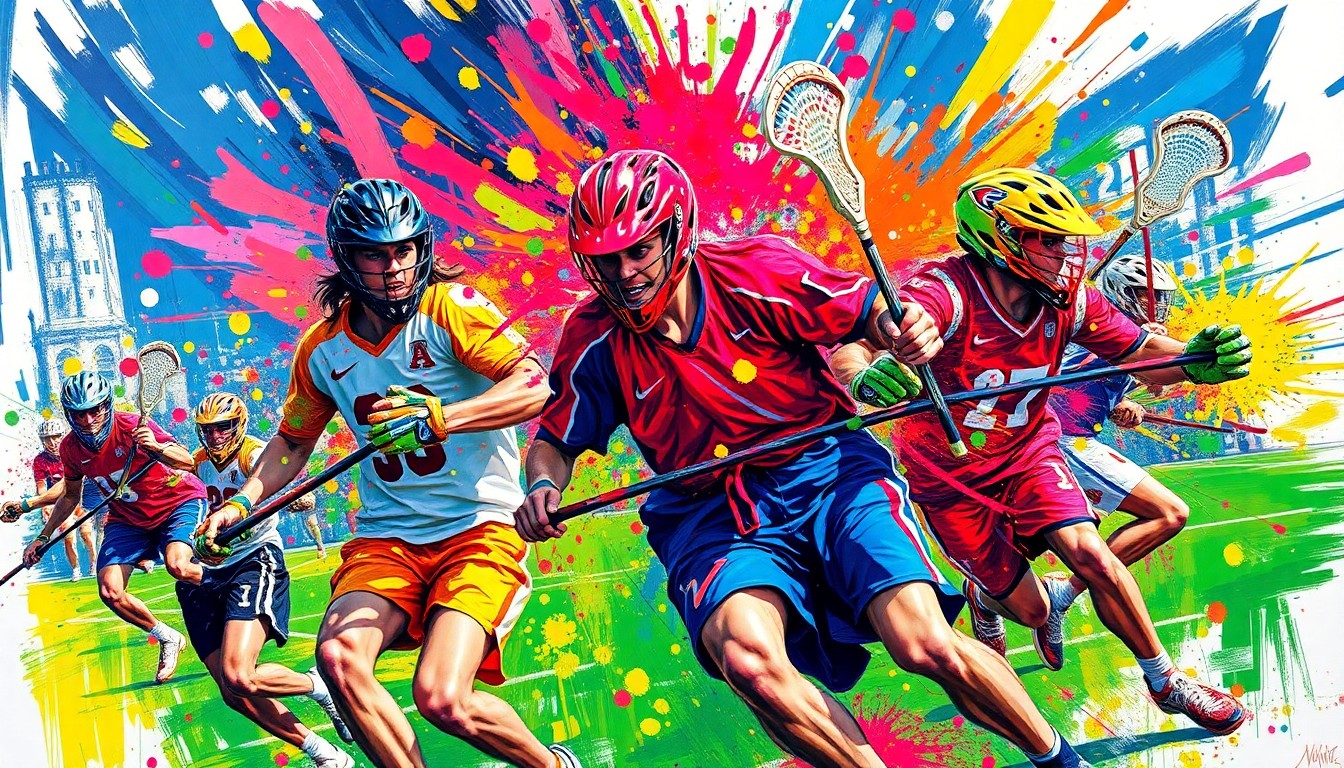 An abstract expressionist painting with vibrant neon brushstrokes and splatters of color, capturing the frenetic energy and fast-paced action of a high school lacrosse game.