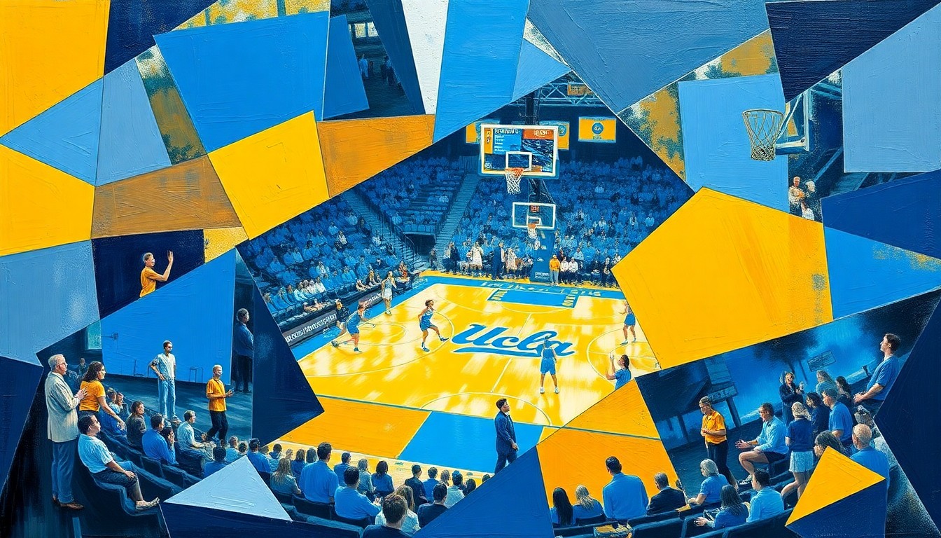 A cubist, geometric painting in UCLA's blue and gold colors, depicting fragmented and overlapping shapes that represent the intensity and drama of a women's basketball game.
