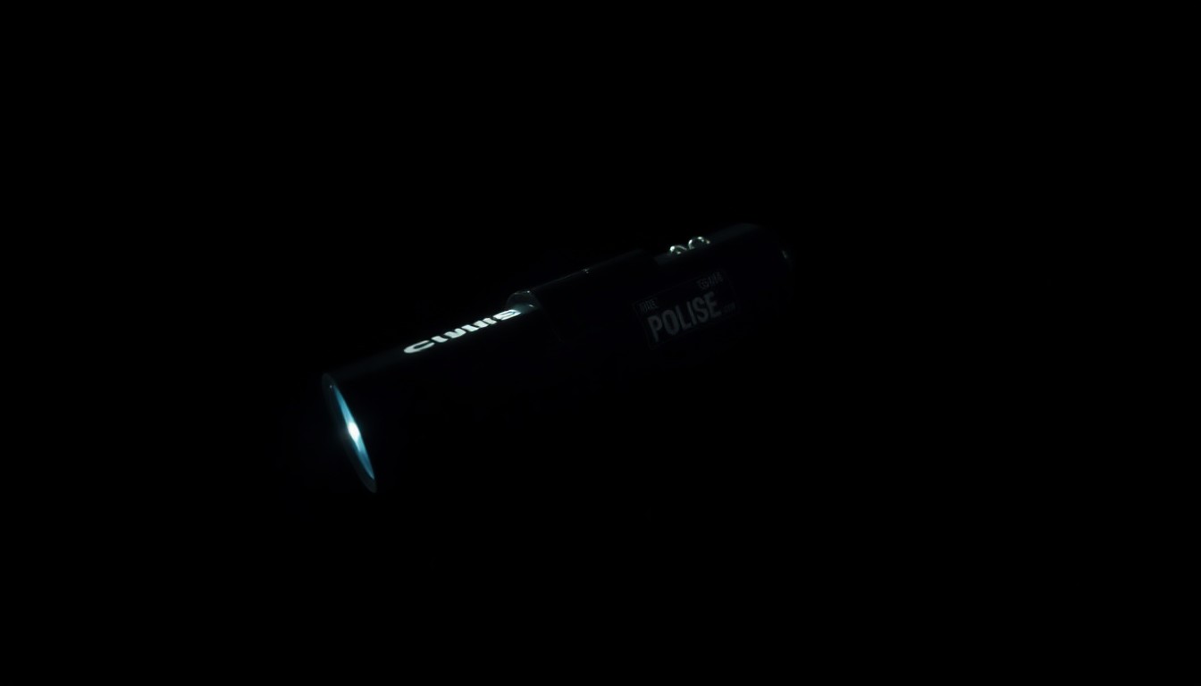 An extreme close-up photograph of a taser against a pitch-black background, lit by a harsh, direct camera flash, capturing the gritty, investigative nature of the incident without depicting any violence or victims.