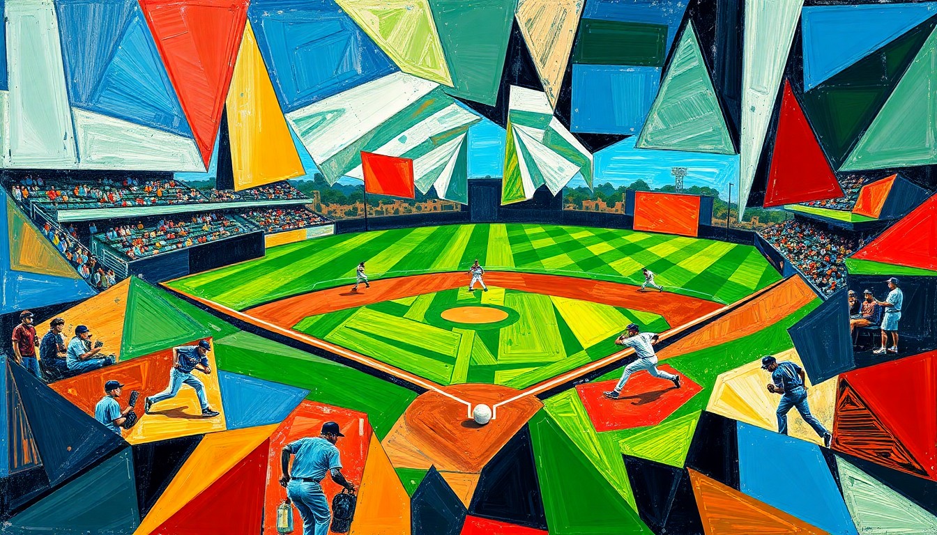 A fractured, multi-perspective painting in a cubist style, breaking down a high school baseball game into sharp, overlapping geometric shapes and planes in a vibrant color palette, conceptually representing the dynamic energy and competitive spirit of the sport.