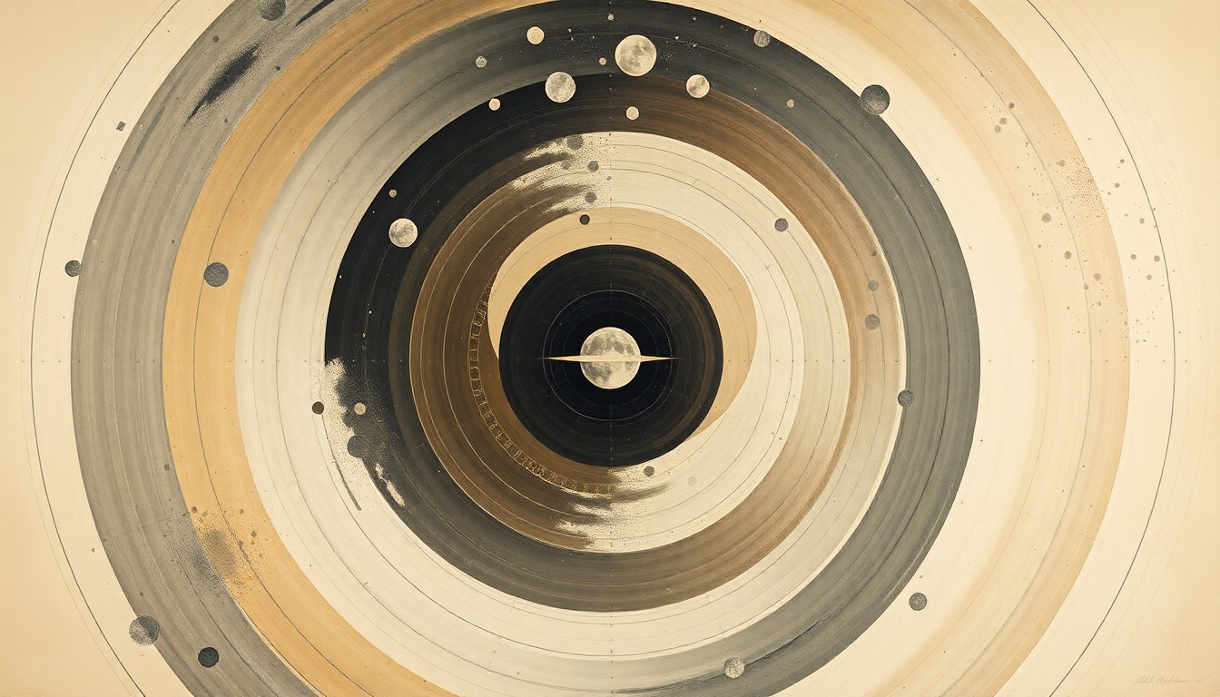 A highly textured, sweeping abstract painting in earthy tones of orange, brown, and blue, featuring precise geometric shapes and spirals that conceptually represent the complex technical systems and natural forces involved in the Artemis II mission to the moon.