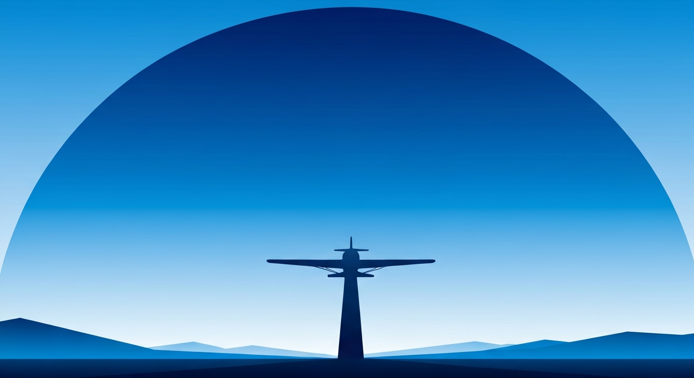 A bold, geometric illustration depicting the silhouette of a small propeller plane soaring through a sweeping blue sky, surrounded by a minimal, abstract landscape, capturing the grand scale and romance of aviation.