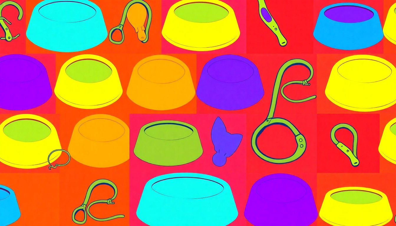 A brightly colored, high-contrast silkscreen print of a dog bowl repeated in a grid pattern, conceptually representing the Longview Humane Society's dedication to pet care.