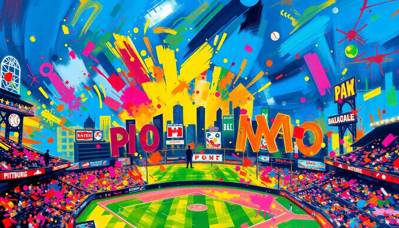 An abstract expressionist painting featuring bold, energetic brushstrokes in neon shades of yellow, orange, and blue, conceptually representing the excitement and community spirit of the Pittsburgh Pirates' unique home opener tradition.
