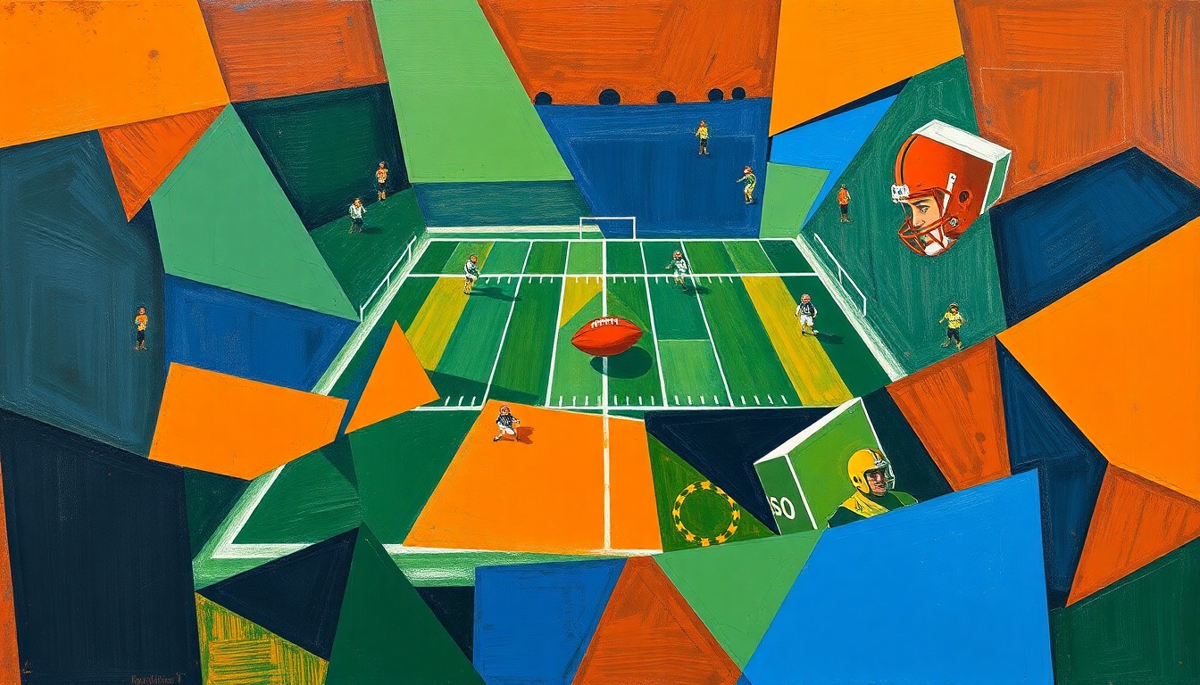 A fragmented, geometric painting depicting a football game from multiple angles, with sharp planes of navy, green, and orange, conceptually representing the lifelong bond between two high school teammates.