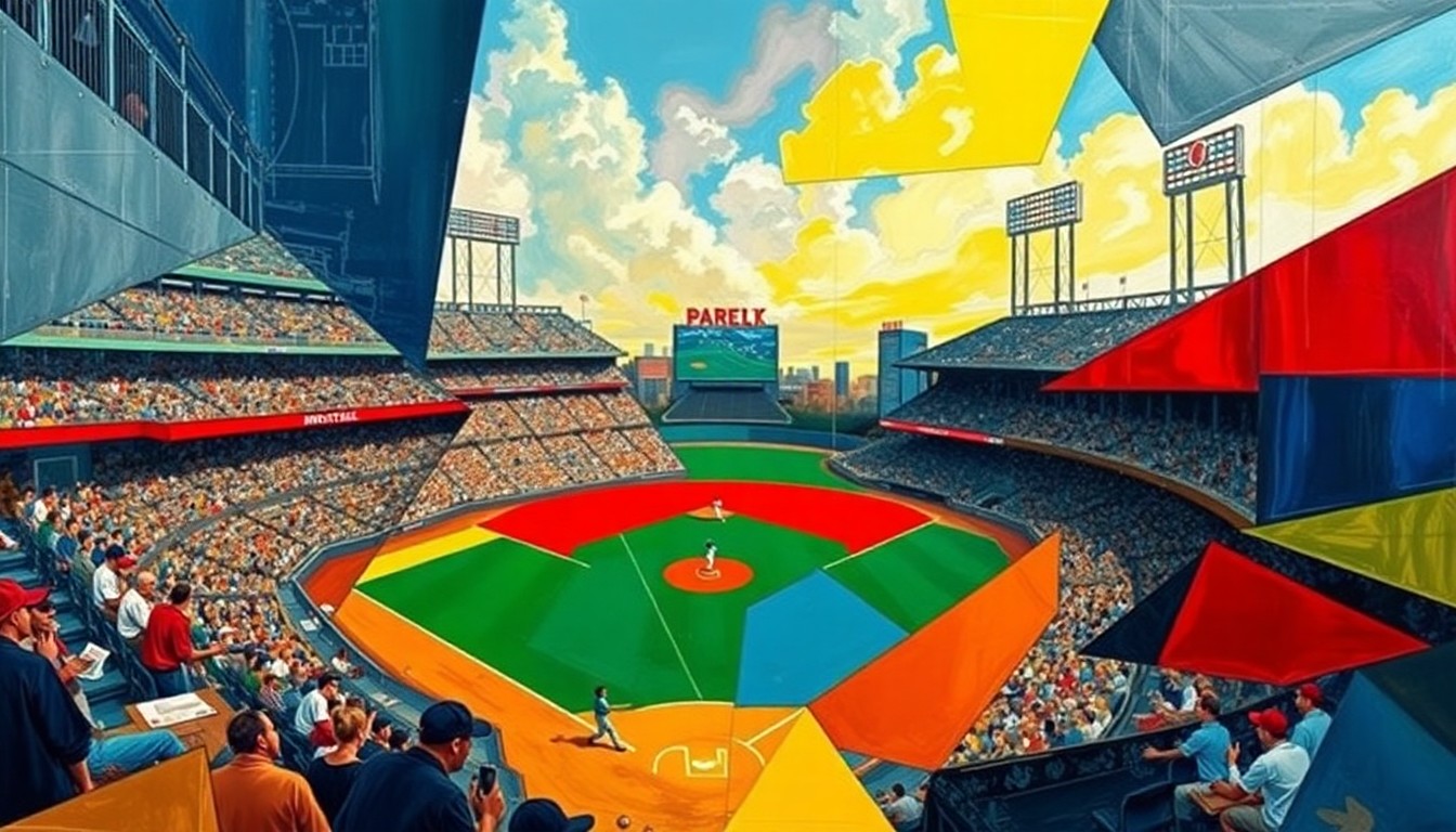 A fragmented, geometric painting depicting the motion and intensity of a baseball game, with sharp planes of navy, crimson, and gold colors.