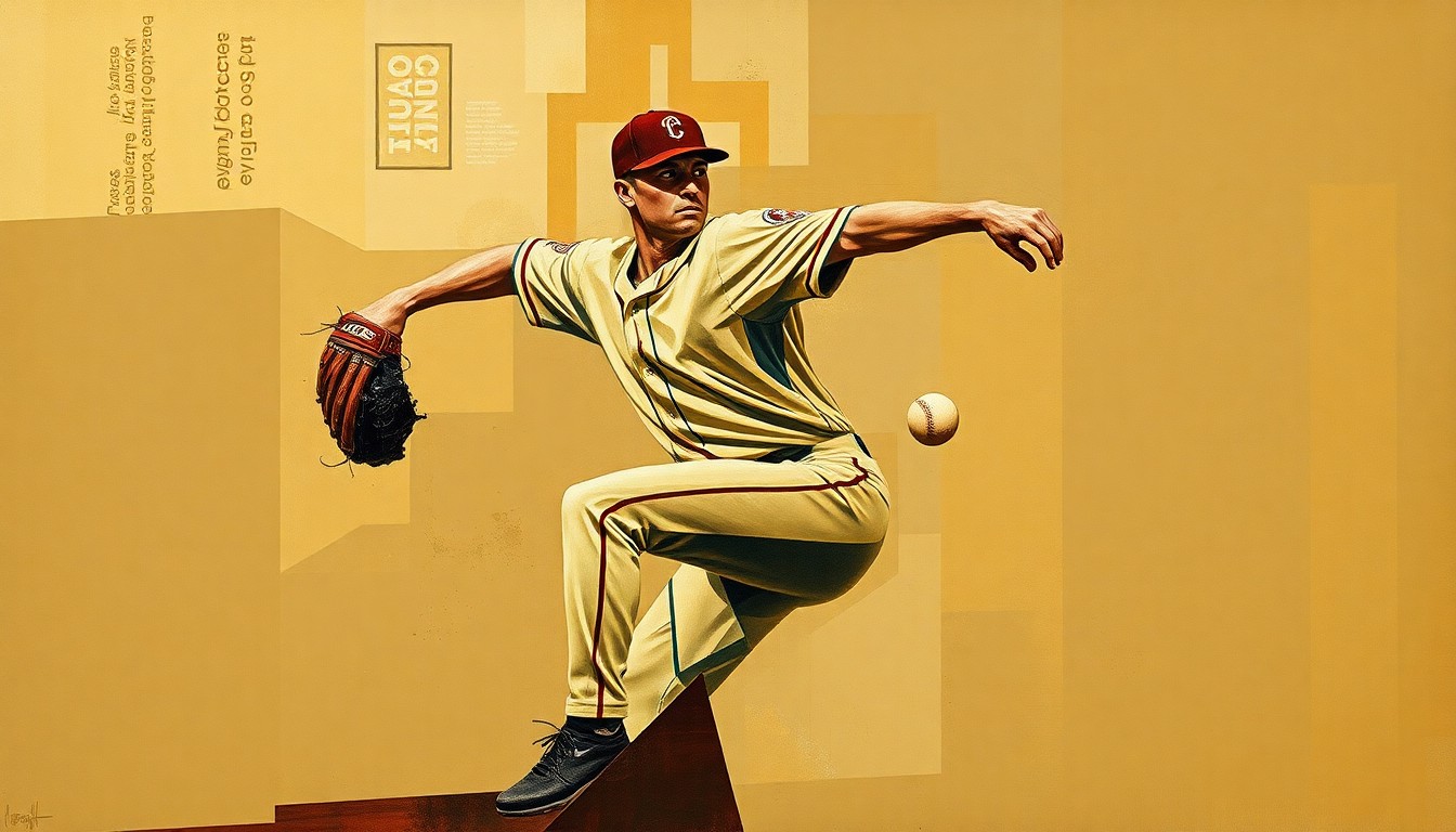 A cubist, geometric painting depicting a baseball pitcher's motion broken down into overlapping planes of muted earth tones, conceptually representing the balance between Flaherty's personal and professional lives.