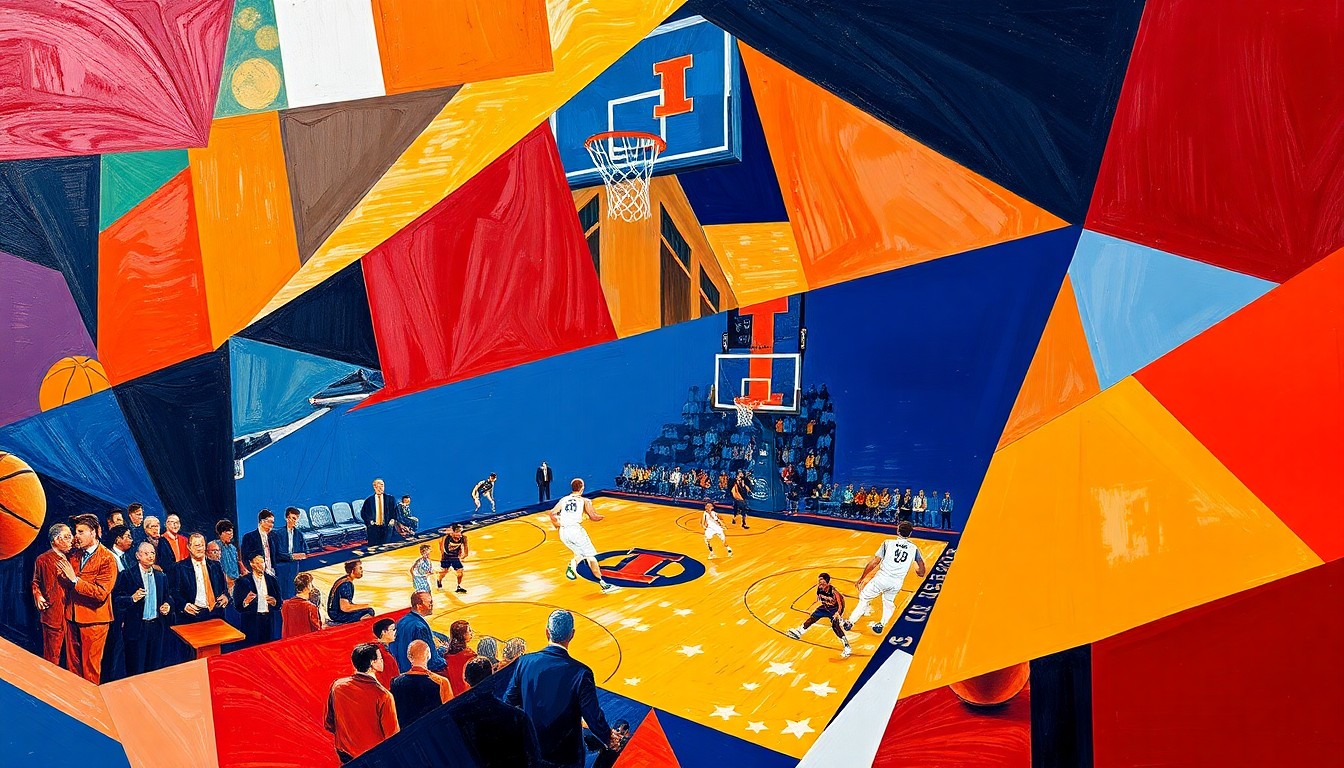 A vibrant, cubist-style painting depicting a basketball game broken down into overlapping geometric shapes and planes in the colors of the University of Illinois and their opponent.