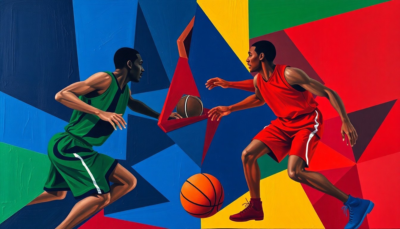 A cubist, geometric painting depicting an abstracted basketball game, with the players' bodies and the ball broken down into sharp, overlapping shapes in a vibrant color palette, conveying the complexity and intensity of the NBA's playoff race.