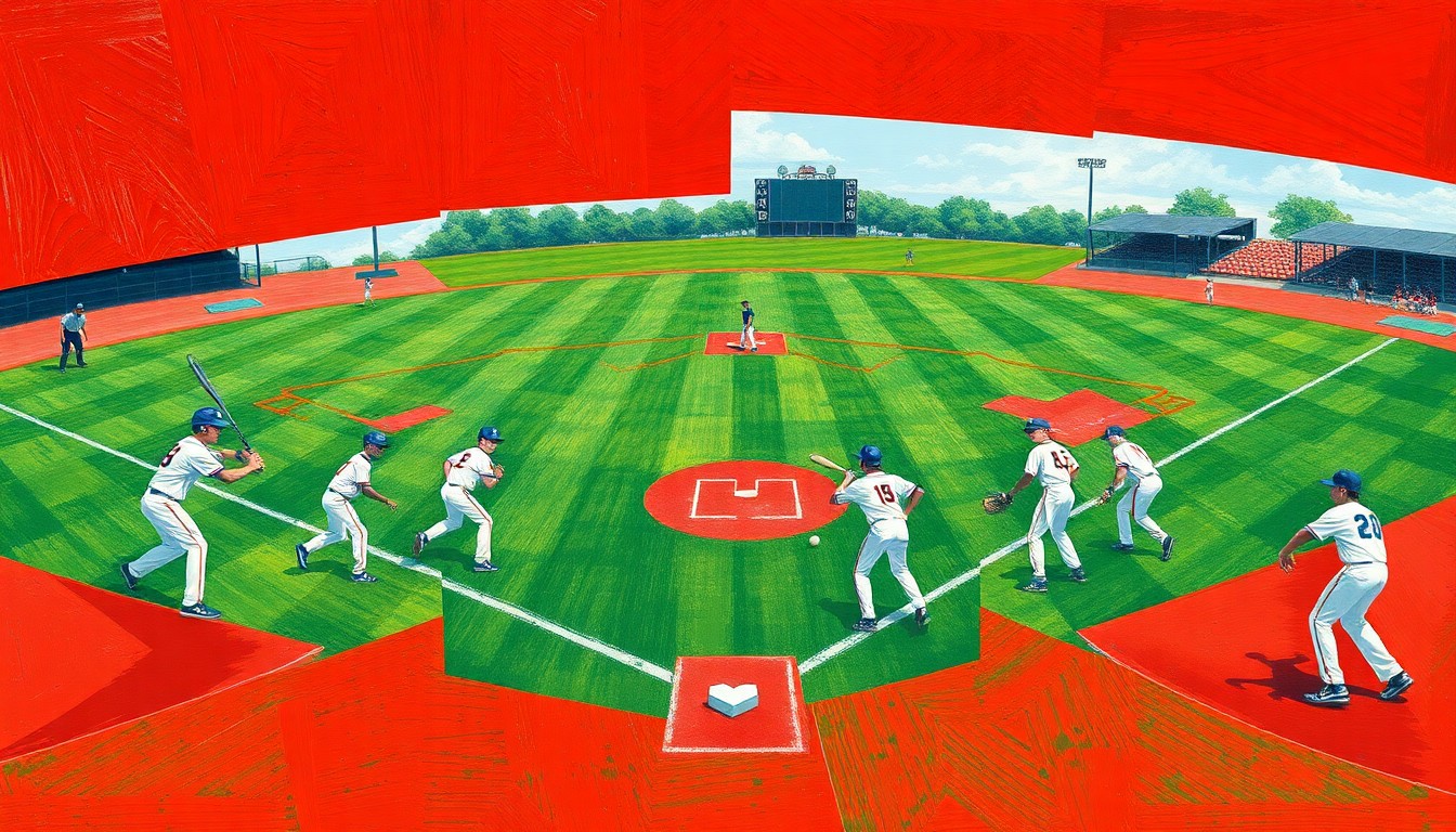 A fragmented, geometric painting depicting the dynamic movements and competing perspectives of a high school baseball game, with sharp planes of green, red, and white representing the field, players, and uniforms.