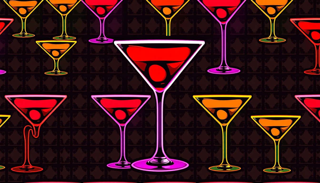 A high-contrast, silkscreen-style illustration of a neon bar sign repeated in a grid pattern, using bright, unnatural colors and heavy black outlines to capture the energy and excitement of Philadelphia's new late-night bar permit program.