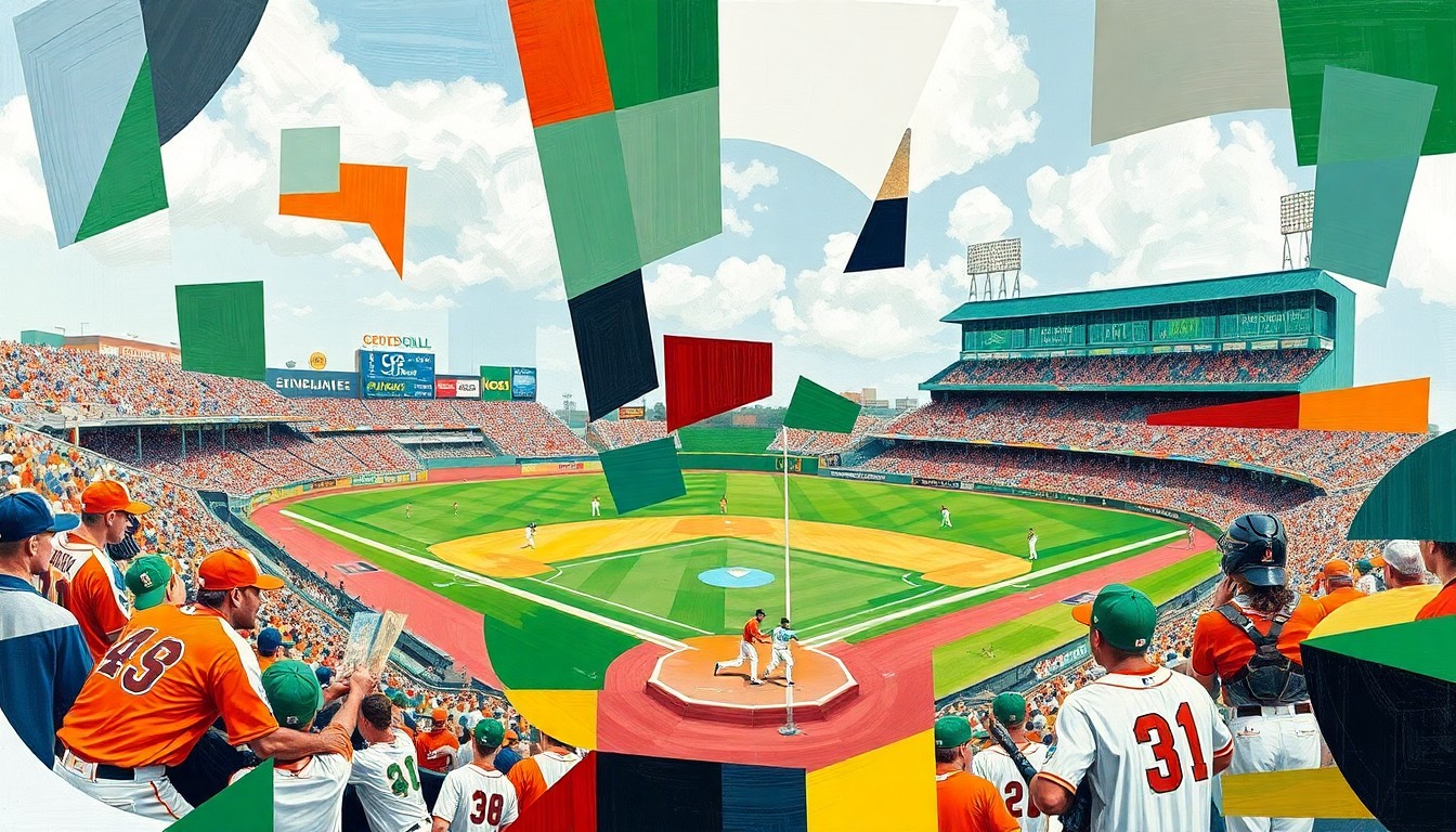 A fractured, geometric painting in vibrant colors representing a baseball game, with sharp, overlapping planes conveying the dynamic action and shifting momentum of the opening day matchup between the Greenville Drive and Greensboro Grasshoppers.