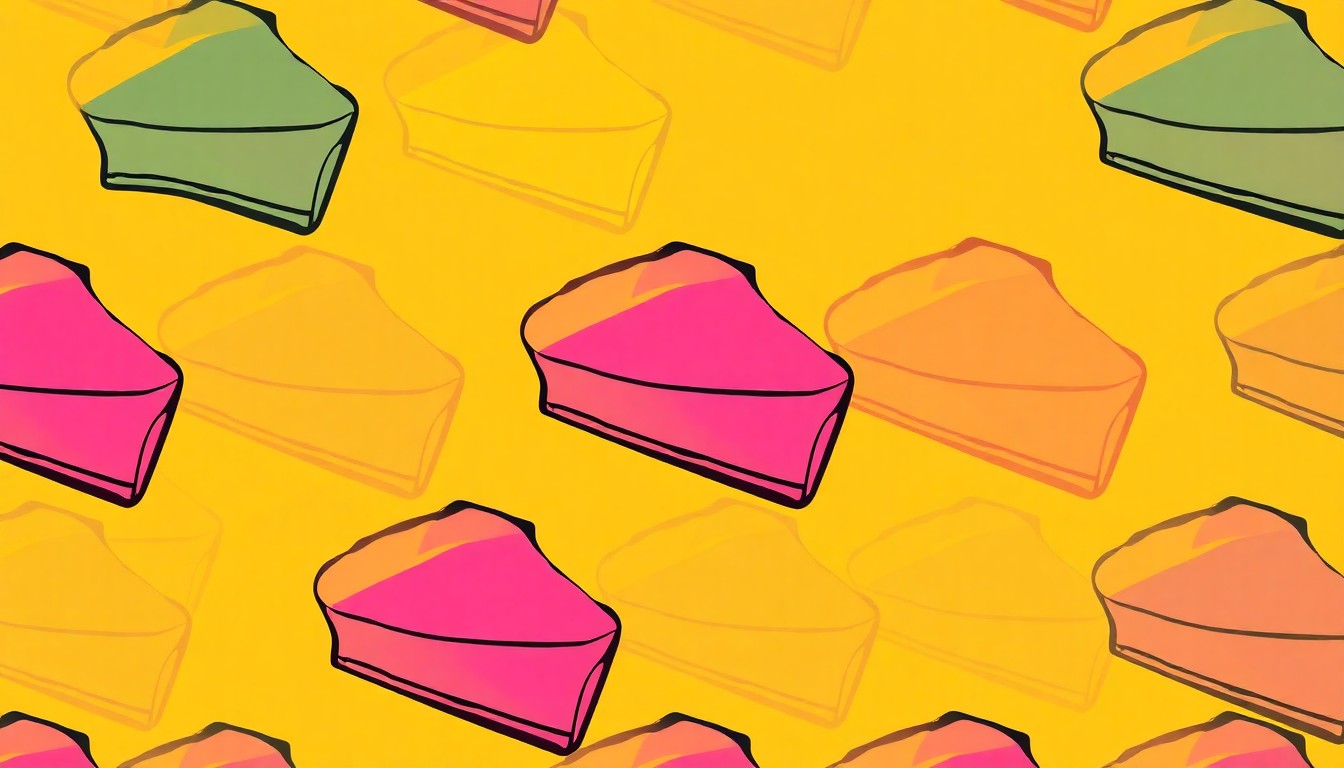 A brightly colored, high-contrast silkscreen print of a single, iconic pie slice repeated in a tight grid pattern, capturing the vibrant and celebratory spirit of the Arkansas Pie Festival.