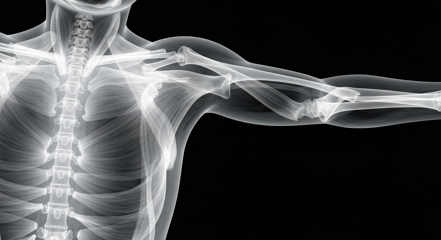 An extreme close-up of translucent, ghostly muscle structures revealed through X-ray photography, conceptually illustrating the fragility and deterioration faced by those living with Duchenne muscular dystrophy.