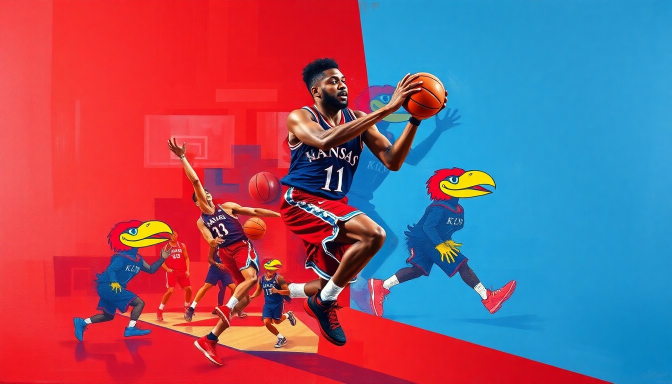A cubist, geometric painting depicting the fragmented movements and skills of a basketball player, with sharp planes of crimson red and royal blue representing the Kansas Jayhawks' colors.