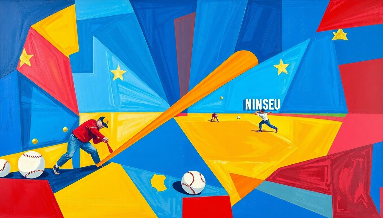 A cubist, geometric painting depicting the dynamic action of a softball game, with overlapping planes of color and shape representing the players, field, and ball in motion.