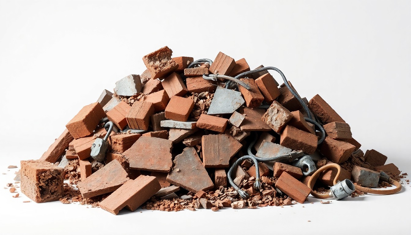 A photorealistic studio still-life photograph featuring a pile of construction debris and rubble, including broken bricks, twisted metal, and splintered wood, conceptually representing the clearing of an old structure to make way for new growth and development.