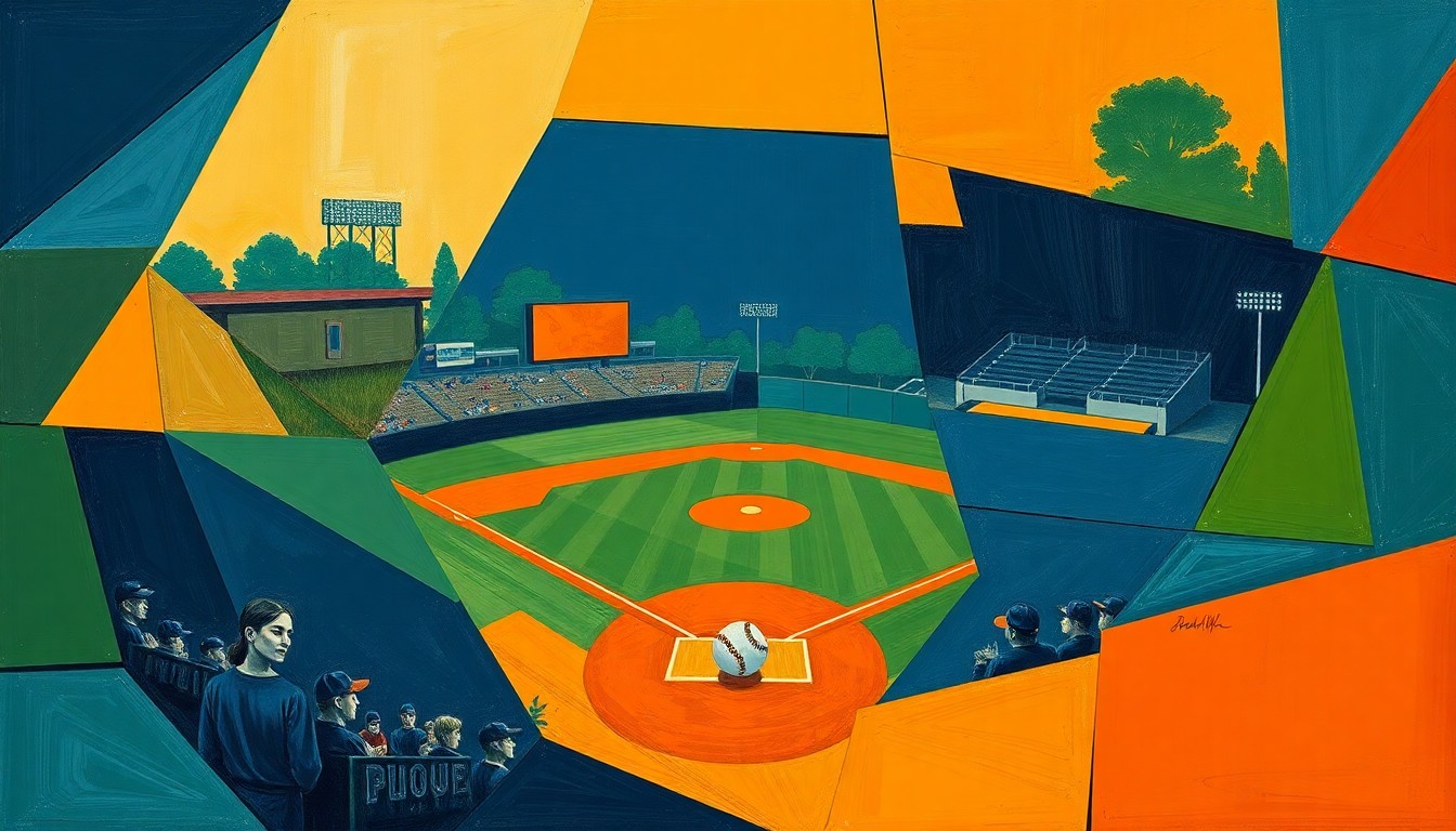 A fragmented, geometric painting depicting a high school baseball game, with overlapping planes of navy, green, and orange colors representing the dynamic action on the field.