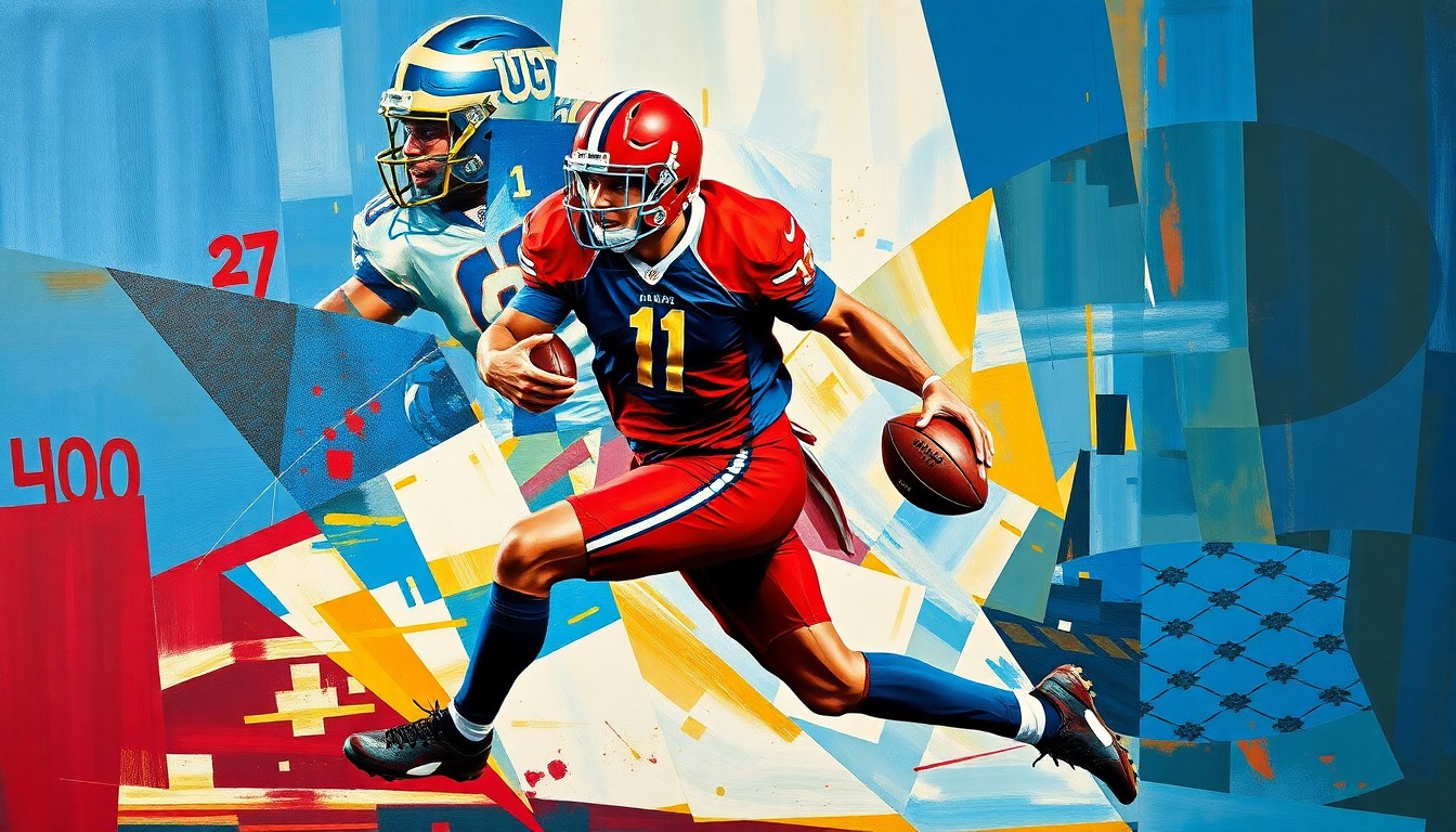 A fragmented, cubist-style painting depicting a football player in motion, broken down into sharp, overlapping geometric shapes in deep blue, crimson red, and metallic gold, conveying the idea of a player needing to prove himself through a multi-dimensional effort.