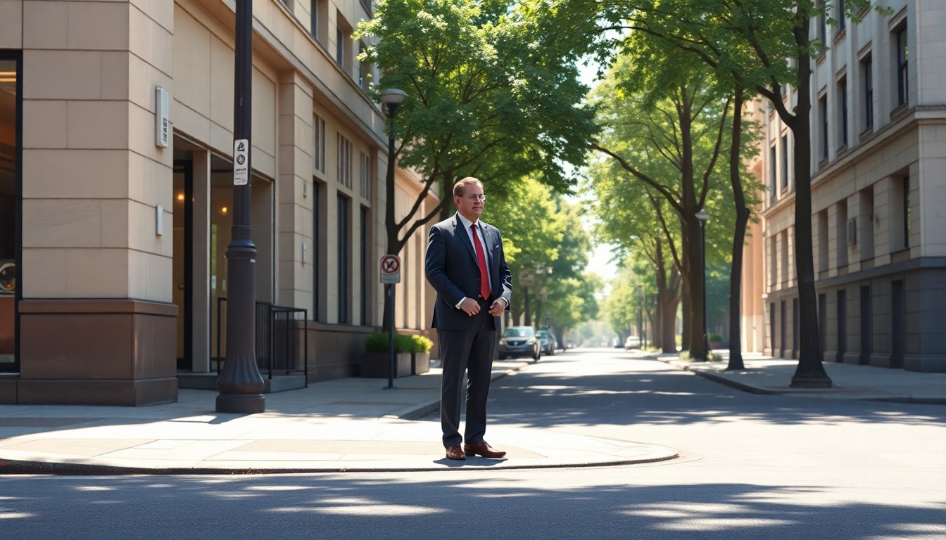 A cinematic painting of a lone political figure standing on a sun-drenched street corner, conveying a sense of solitude and contemplation.