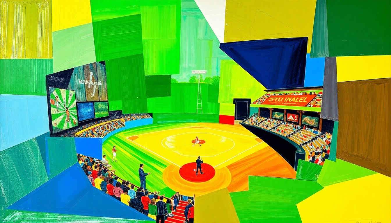 A vibrant, cubist-style painting depicting a softball game in motion, with the players and field broken down into overlapping geometric shapes and planes of color.