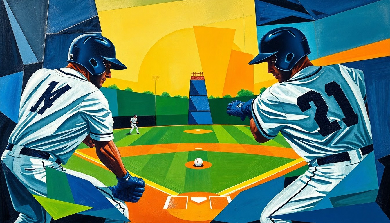 A cubist, geometric painting depicting a fragmented baseball game, with the players' forms broken down into abstract shapes and lines in a vibrant color palette.