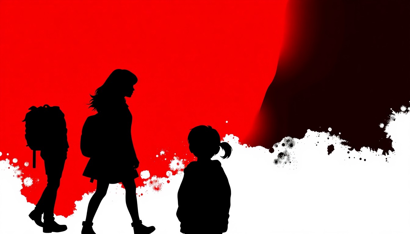 A minimalist, abstract illustration featuring jagged black silhouettes against a bright red background, conceptually representing the themes of empathy and personal growth from the 'Wonder' book and film series.