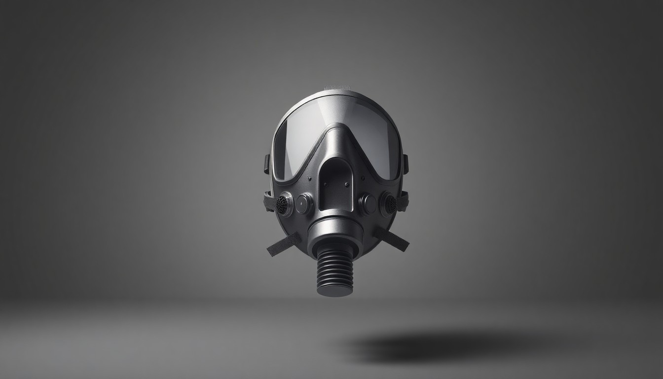 A photorealistic studio still-life of a single, polished metal oxygen mask floating against a clean, monochromatic grey background, conveying a sense of somber reflection on the tragic failure of this life-saving equipment.