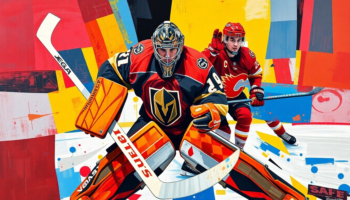 A cubist, geometric painting depicting a hockey goaltender in action, with sharp, overlapping planes of color representing the players and the arena.
