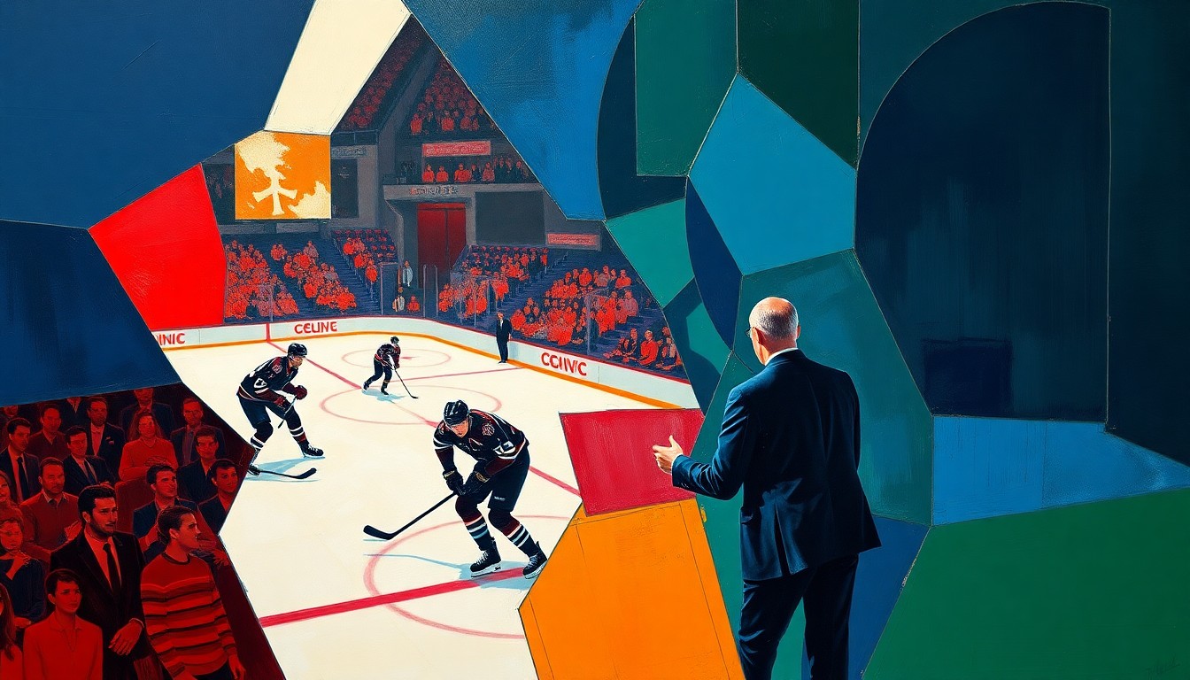 A fractured, geometric painting in bold colors that captures the dynamic energy and multiple perspectives of NHL player contract negotiations.
