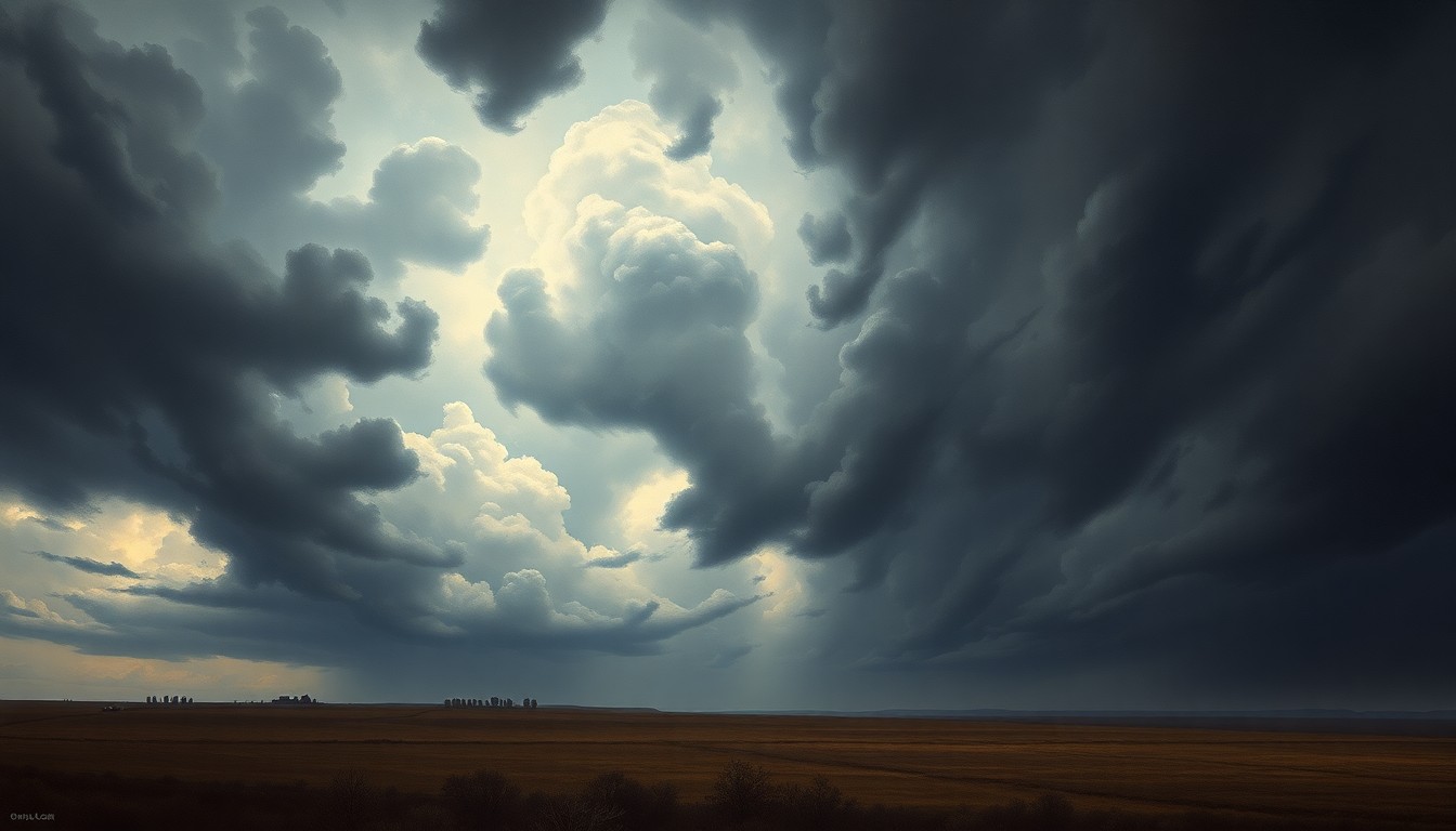 A sweeping, atmospheric landscape painting in muted tones of grey, blue, and green, with a dramatic, swirling sky dominating the frame and dwarfing the flat, open field below.