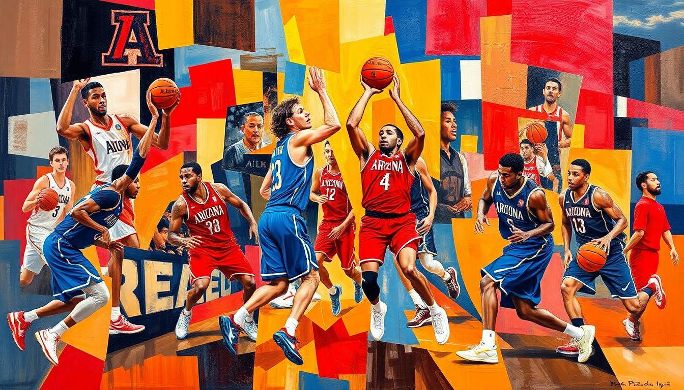 A cubist-style painting depicting the dynamic motion of a college basketball game, with Arizona's players rendered in sharp, overlapping geometric shapes and planes of bright red and blue colors.