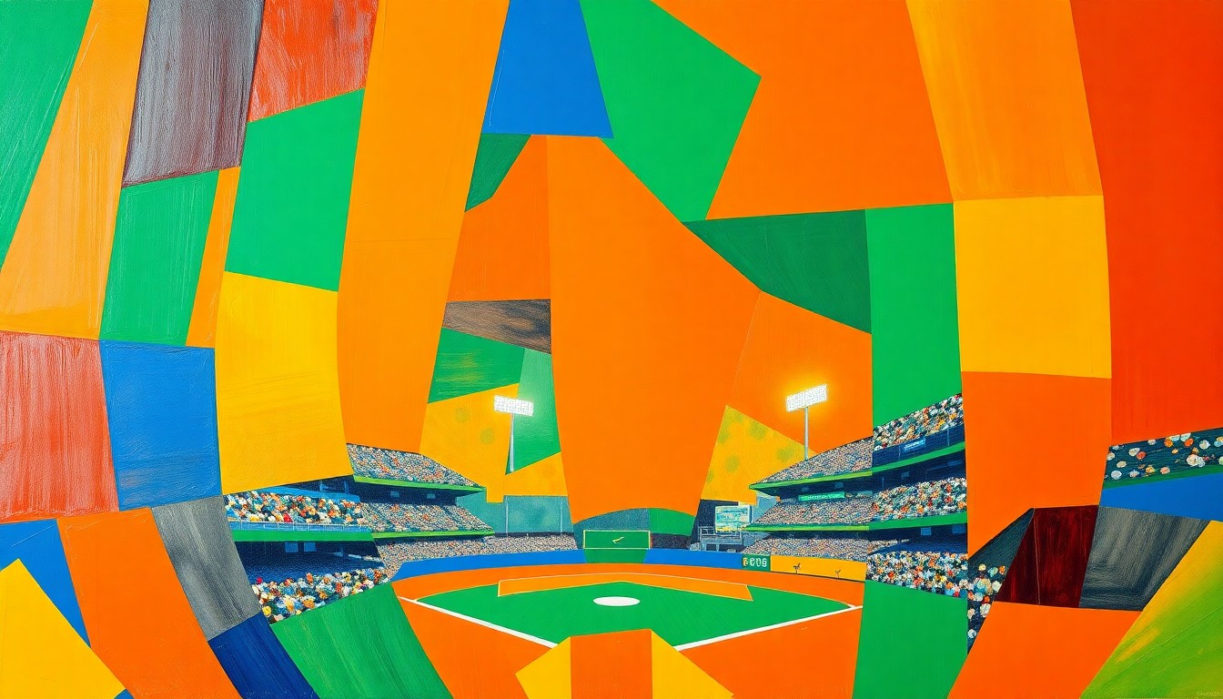 A fractured, cubist-style painting depicting the dynamic action of a baseball game, with sharp geometric shapes in vibrant colors representing the players, field, and crowd.