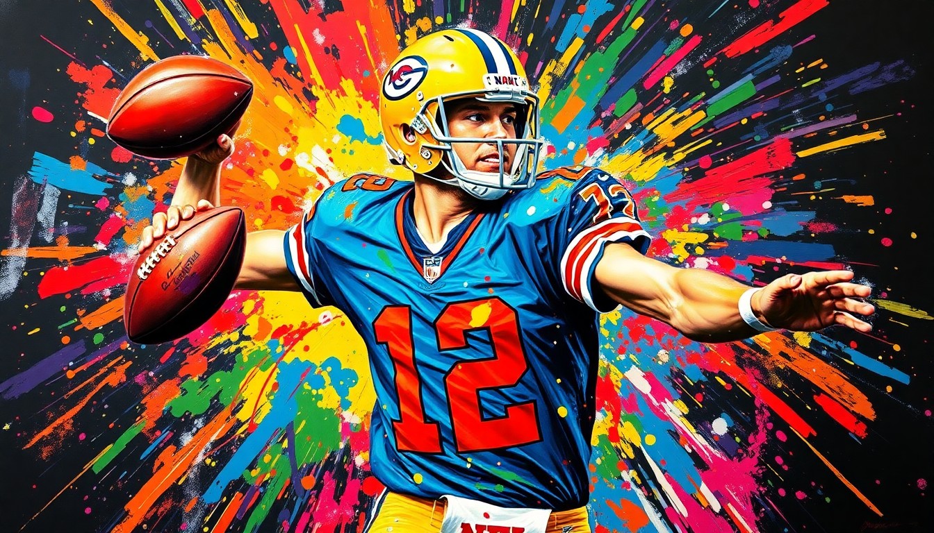 An abstract, expressionist painting depicting the explosive energy and motion of an NFL quarterback's throwing motion, with vibrant neon colors and rapid brushstrokes capturing the raw athleticism, but with the player's face and uniform details dissolving into unrecognizable splatters of paint.
