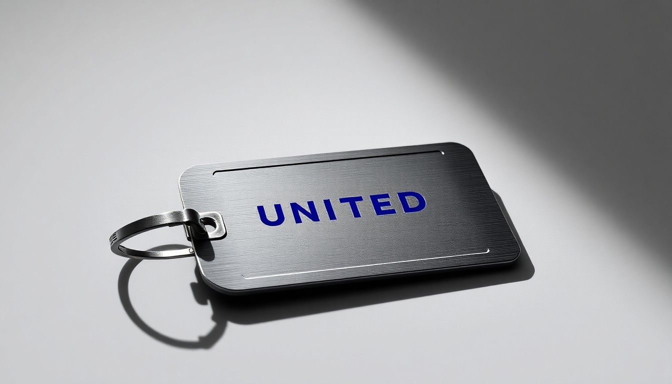A close-up, high-contrast photograph of a single, shiny metal luggage tag with the United Airlines logo, resting on a plain grey background and dramatically lit from the side, conveying a sense of corporate austerity and the financial pressures facing the airline industry.