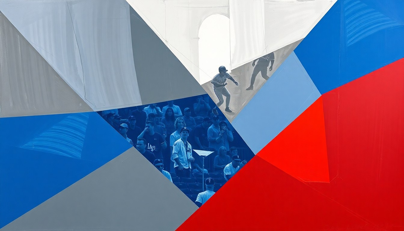 A fragmented, cubist-style painting depicting a Dodgers baseball game, with sharp geometric shapes in Dodger Blue, gray, and red overlapping to create a dynamic, abstract composition.