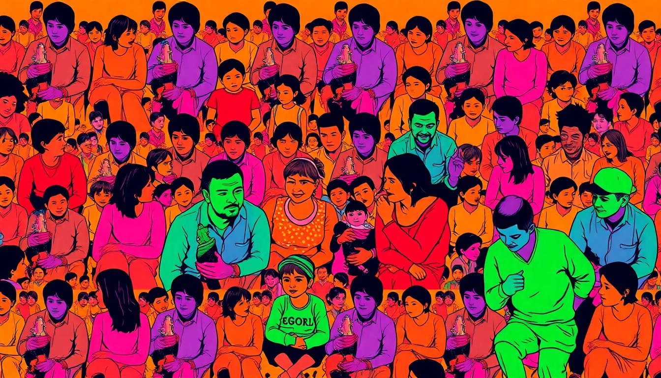 A brightly colored, high-contrast silkscreen print of a community gathering with people of diverse backgrounds enjoying games, food, and cultural performances, conceptually representing the joyful energy and inclusivity of APA's anniversary celebration.