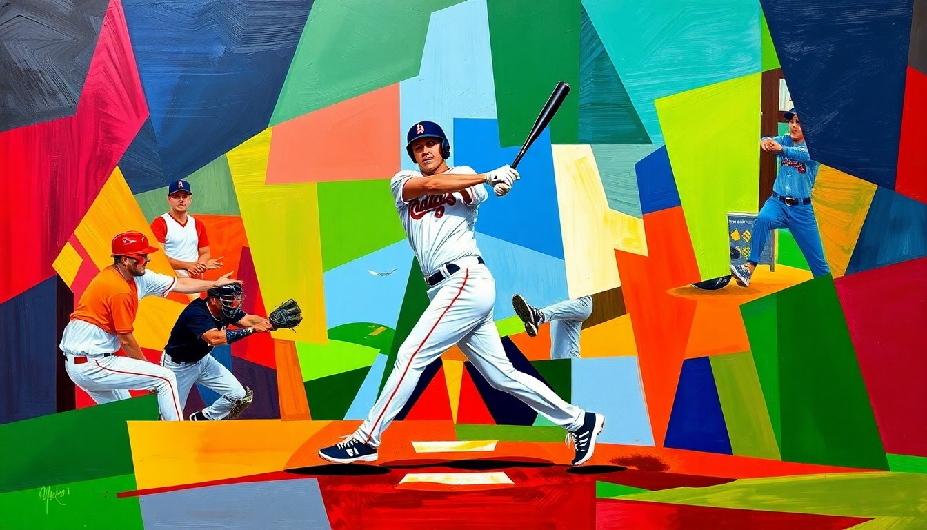 A cubist, geometric painting depicting the key moment of a baseball player's swing, broken down into overlapping planes of bright team colors, capturing the dynamic energy and tension of the game-changing hit.