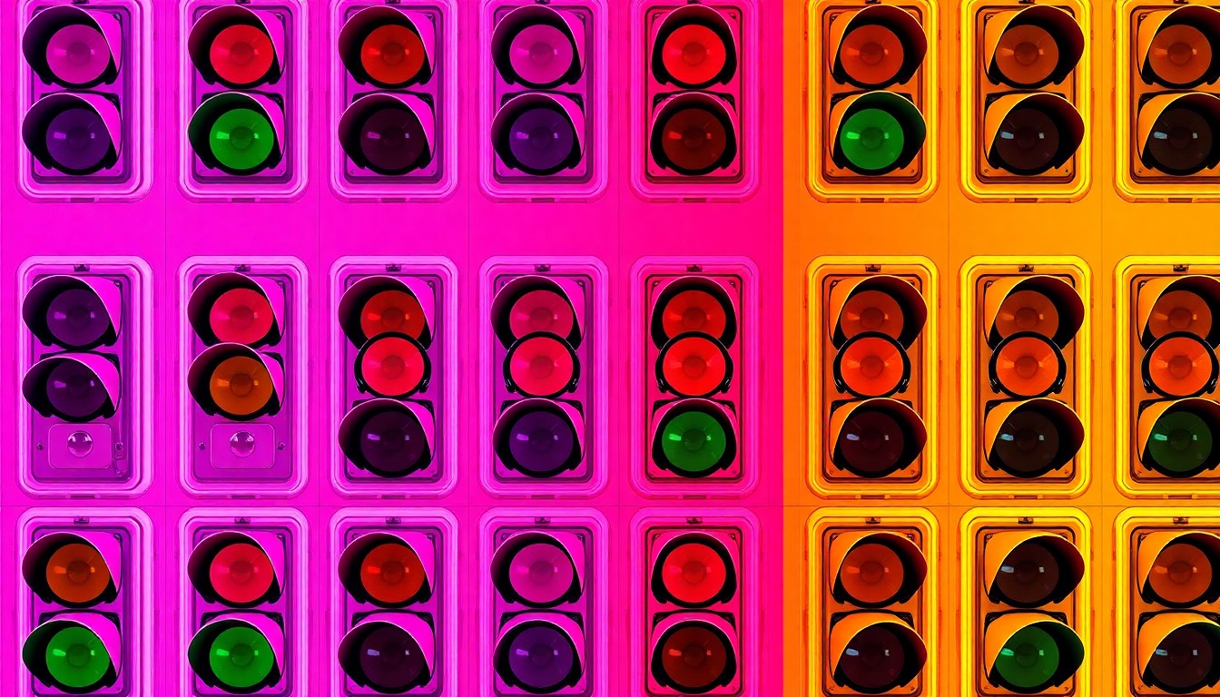 A bold, colorful silkscreen-style illustration featuring a repeating pattern of a traffic signal in bright neon hues, conceptually representing the installation of a new safety device at a hazardous road crossing.
