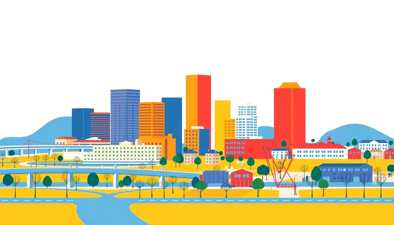 An abstract illustration featuring bold geometric shapes in primary colors, conceptually representing the rapid expansion and development transforming the city of Huntsville, Alabama.