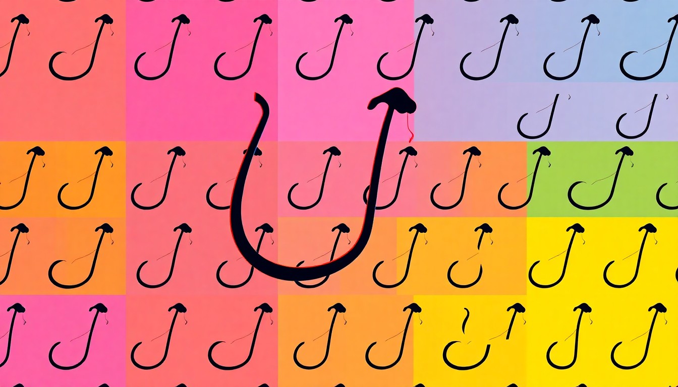 A bold, graphic silkscreen illustration featuring a repeated pattern of a bright orange fishing hook against a vibrant blue background, conceptually representing the dramatic rescue of a shark from a fishing line.